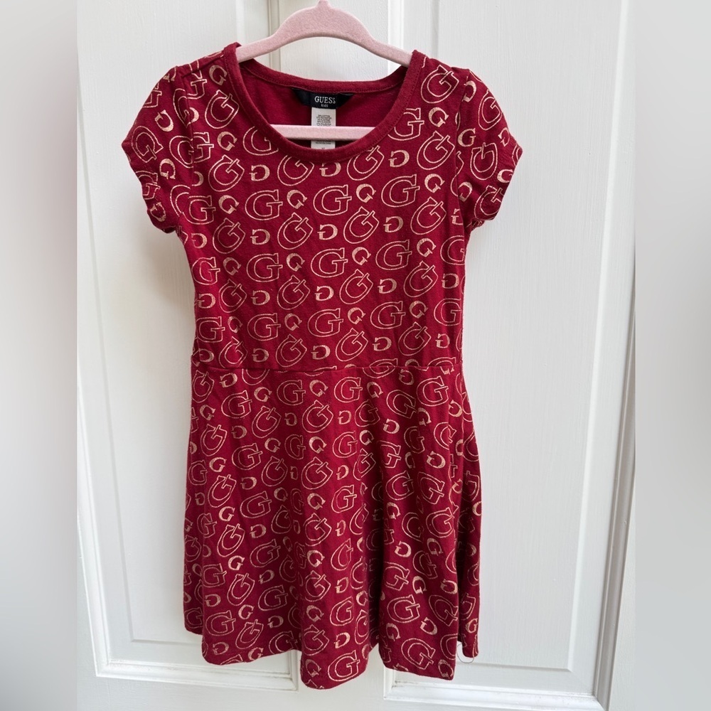 Guess 3T Wine Red Girls Fit and Flare Short Sleeve Classic Logo Dress